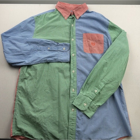 Chaps Other - Chaps‎ Mens Large Easy Care Gingham Shirt Colorblock Green Blue Red Long Sleeve